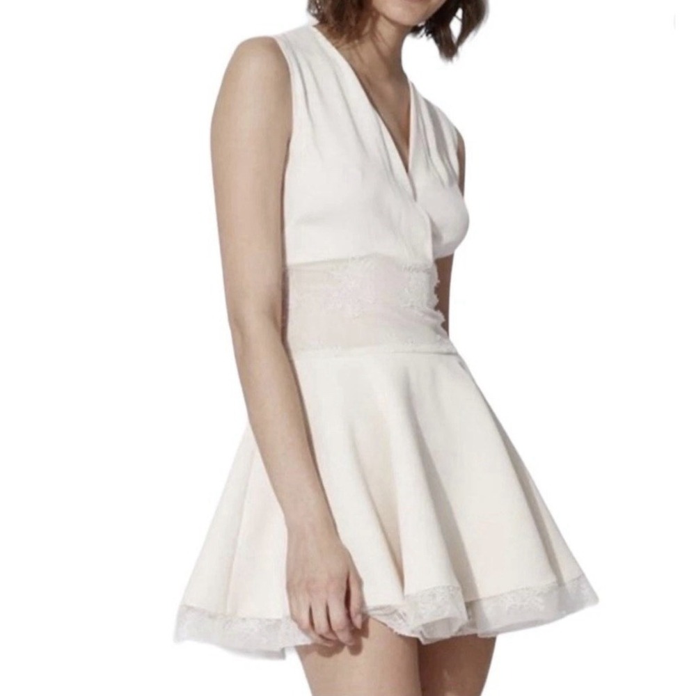 Maje Size Small Mini Dress Fit & Flare Sheer Top Cream Lace Waist Flare Skirt